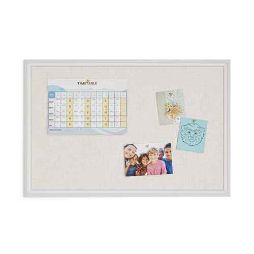 U Brands Farmhouse Linen Bulletin Board, 30" x 20", White Wood Style Frame, Includes Push Pins