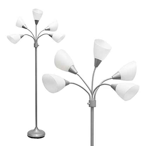 Simple Designs LF2006-SVW 67" Contemporary Multi Head Medusa 5 Light Adjustable Gooseneck Silver Floor Lamp with White Shades for Kids Bedroom Playroom Living Room Office