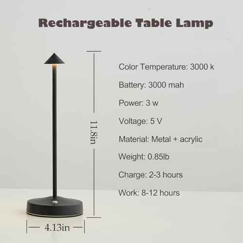 Rechargeable Cordless Table Lamp,Modern Black Battery Operated Table lamp,Portable LED Touch 2 Levels Brightness Dimmable Bar Lamp,Battery Powered Lamp for Bars,Restaurant,Living Room