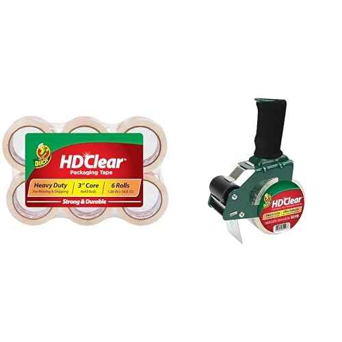 Duck HD Clear Heavy Duty Packing Tape Refill, 1.88 Inch x 54.6 Yard, 6 Rolls and Duck Brand Foam Handle Tape Dispenser with HD Clear Packaging Tape, 1.88 Inches x 50 Yards, 1 Roll
