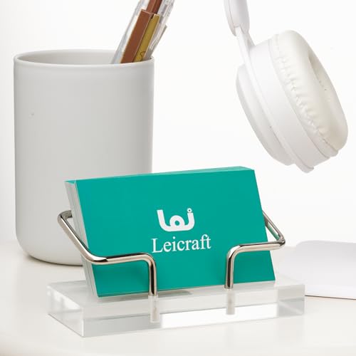 Leicraft Golden Business Card Holder for Desk - Modern Acrylic & Metal Organizer