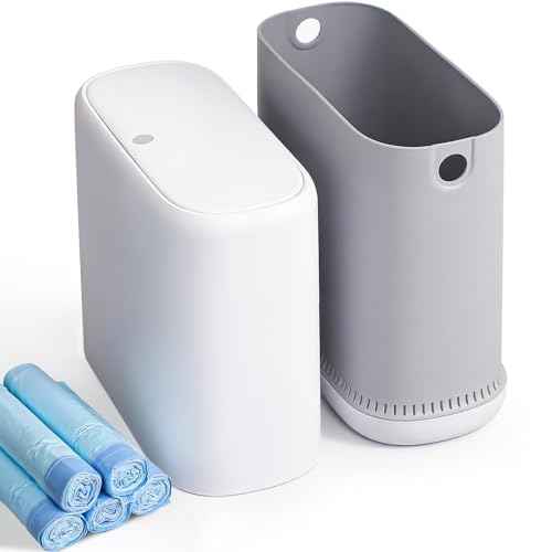 Slim Bathroom Trash Can with Lid - Pop Up & Air-Press Bag Expander - 3 Gallon Small Garbage Can for Bedroom, Dorm, Office(Bin: White | Includes 5 Rolls (75 Bags))