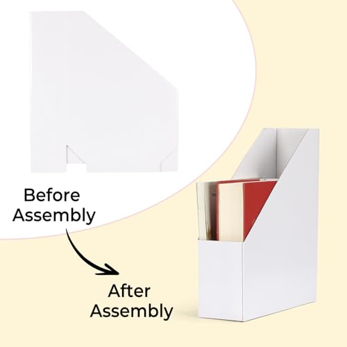 EXYGLO 12 Pack White Magazine File Holder, Foldable Cardboard Magazine Rack 9.9x3.3x12 Inches (With 12 Labels) – Office & Desk Organizer