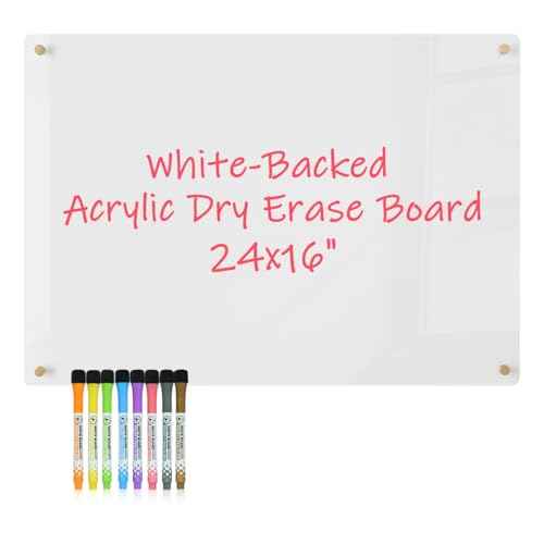 Acrylic Whiteboard 24x16 ? White-Backed Dry Erase Board with 8 Markers & Multi-Color Standoff Screws ? High Contrast & Shatter-Resistant ? Ideal for Home, Office, School, Kitchen