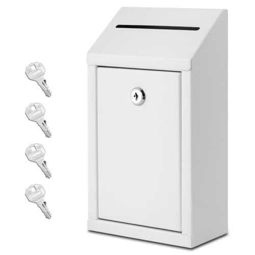 White Metal Money Drop Box with Lock - Wall Mount Cash & Donation Box