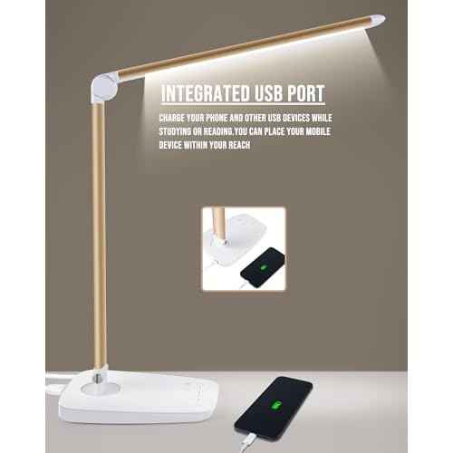 Lichamp Dimmable LED Desk Lamp with USB Charging Port, Touch Control Foldable Gooseneck Free Rotation Adjustable Eye Care Table Lamp, Bedside Reading Light with UL AC Adapter (Pink Gold)