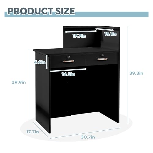 Zethvax Reception Desk with 2 Lockable Drawers, Black—Compact 31in L x 17.7in W x 29.9in H with Cable Management