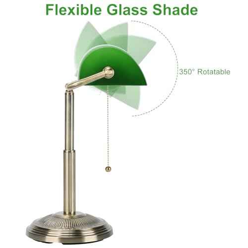 LINNMON Bankers Desk Lamp, Green Retro Lamp, Vintage Lamp with Pull Chain Switch for Home Office (Brass+Green)