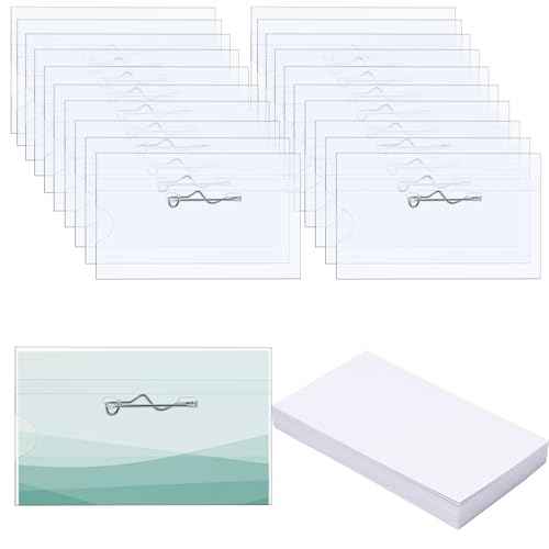 Anjmd 50 Pieces Pin Style Name Badge Holders Name Tags with Pins Clear Plastic Name Tag Holder Name Badge Holders with 50 Pcs Inserts Fit Card (3.58x2.16 inch)