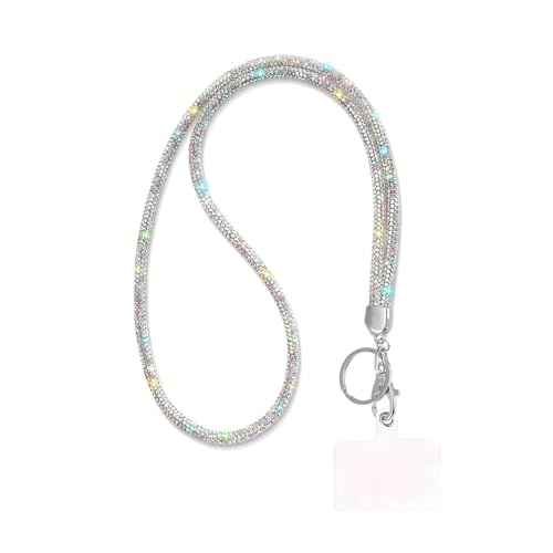Fashion 34.8'' Sparkle All Round Strap Crystal Neck Lanyard,Exclusive Bling Work Name Card Holder,Rhinestone Cellphone Necklace ID Badge Reel Clip for Women,Bonus Cellphone Safety Tab(AB White,1PC)
