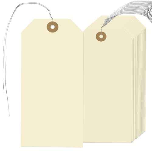200 Pcs Manila Shipping Tags with Wire Attached, 4 3/4 x 2 3/8 inches Label Hang Tags with Reinforced Hole, Writable Price Tags Display Gift Tags for Product Jewelry Clothing
