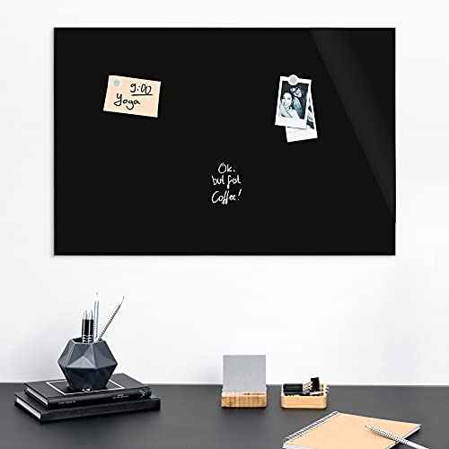 Navaris Black Glass Board for Wall - 16" x 24" Frameless Magnetic White Board for Home, Office, Kitchen, School, Learning - Includes 3 Magnets, Marker