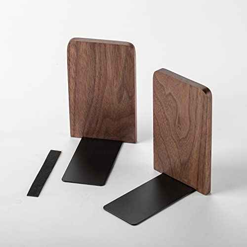 Muso Wood Book Ends for Shelves, Non-Slip Bookends, Heavy Duty Wooden Bookend Support for Books and Movies (Walnut 1 Pair)