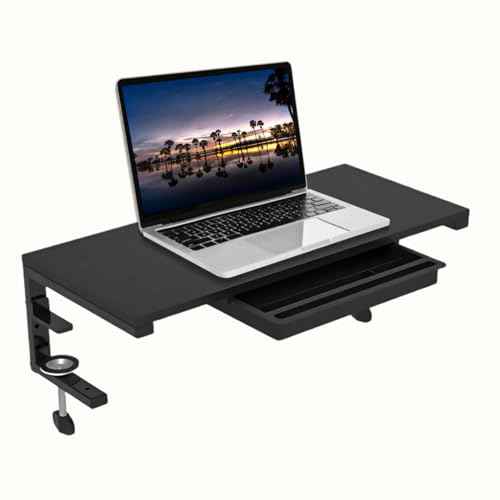 Ergonomic Clamp on Computer Monitor Laptop Riser Stand with Drawer, 21.6 x 9.8 inch - Black