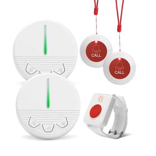 Call Button for Elderly Seniors at Home Wireless Caregiver Pager Call Button Emergency Alert Button 2 Plugin Receivers 2 Waterproof Transmitters 1 Watch Button
