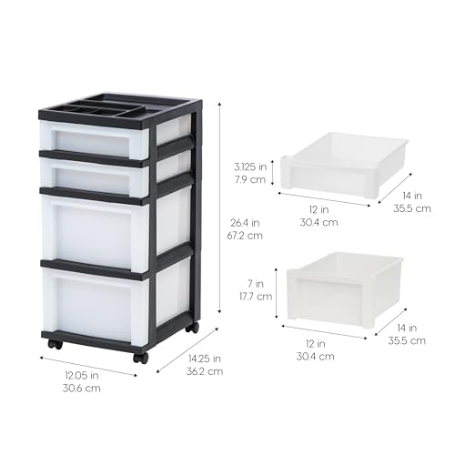 IRIS USA 4-Drawer Rolling Storage Cart with Organizer Top, Black/Pearl - Mobile Home & Office Organization