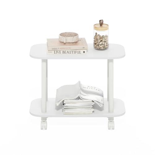 Furinno Turn-N-Tube 2-Tier Oval Side Table with Wheels, White – Plain White