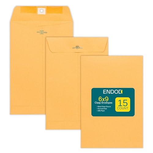 EnDoc 6x9 Brown Kraft Clasp Envelopes - Heavyweight 28lb Catalog Mailers, Pack of 15