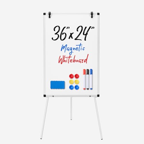 Sweetcrispy Whiteboard Easel 36 x 24 Inches, Magnetic Dry Erase White Board, Portable Boards Height Adjustable, Dry Erase Board with Stand for School, Office and Home, Silver Aluminium Frame, White