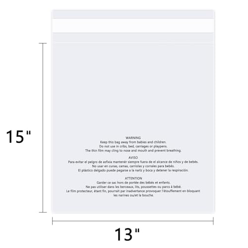 200 Pack 13 x 15 Clear Poly Bags with Resealable & Safety Warning - Food Grade