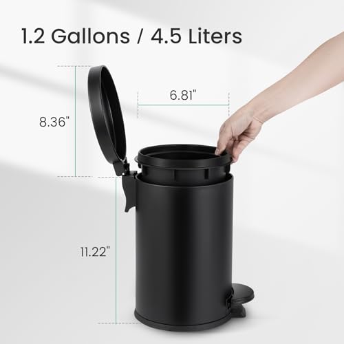 Cesun Matte Black Small Bathroom Trash Can with Lid, 1.2 Gallon Soft Close