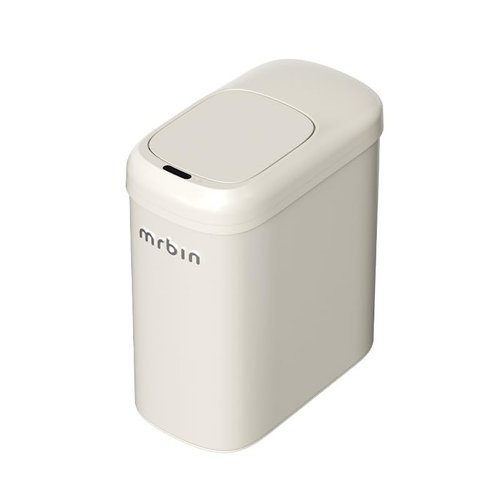 MRBIN Motion Sensor Adsorption Bag Bathroom Metal Trash Can with Lid and Wheels, 10L/2.6gal Automatic Removable Slim Electric Narrow Waste Basket for Near Desk Office, Bedroom, Kitchen, Rv, White
