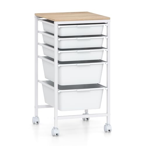 COSTWAY Rolling Storage Cart with 5 White Drawers, Wooden Top