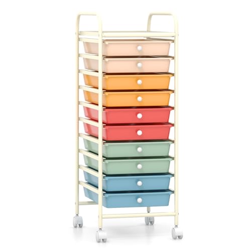 HOMGX Storage Cart with 10 Drawers, 10 Tiers Rolling Drawer Cart with 2 Lockable Wheels, Slim Rolling Storage Cart for Office/School/Home, Macaron