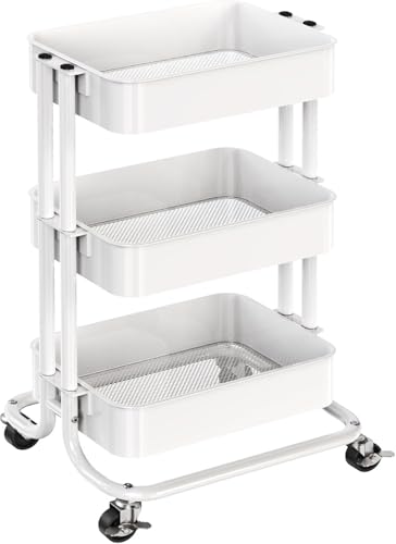 Pipishell White 3-Tier Rolling Utility Cart with Lockable Wheels, 3-Stage