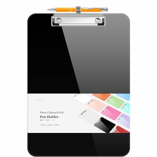 Sooez Black Plastic Clipboard 8.5x11” with Pen Holder - Thicker, Sturdy Office Organizer
