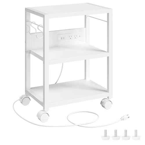 Industrial Printer Cart, 3-Tier Mobile Printer Stand, Rolling Cart with 2 AC Outlets and 2 USB Ports, Home Printer Stand with 2 Hooks, for Office, Living Room, White PTWT40E01