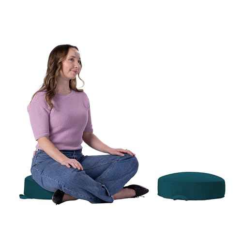 Factory Direct Partners FDP Overstuffed 16 inch Round Velvety and Vinyl Floor Cushions with Handles; Flexible Seating for Home, Lounge, Yoga Studio, Deluxe Foam (2-Piece) - Peacock