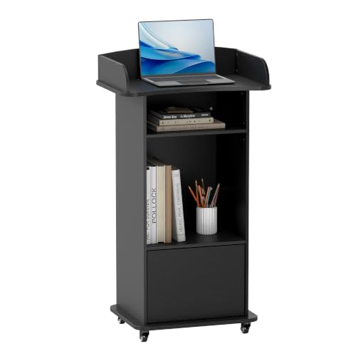 Mobile Wooden Podium Stand with Lockable Wheels and Storage Shelf