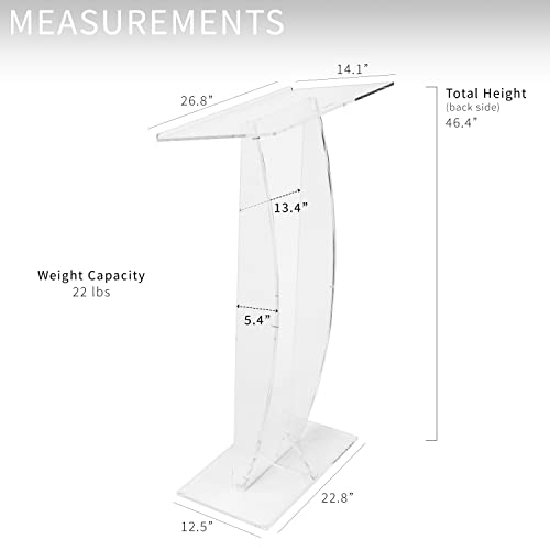 VIVO 46in High Podium Stand Lectern with 27in Slanted Surface, Transparent Acrylic