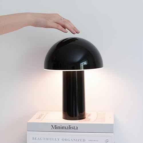 Brightech Celia Mood Lamp ? 10" Touch-Controlled Mushroom Table Lamp, Cordless & Dimmable LED, Portable Rechargeable Bedside Night Light, Sustainable Recycled Modern Patio Lamp for Home D?cor ? Black