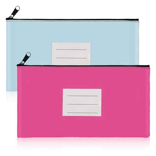 2-Pack Bank Deposit Money Bags with Zipper, 11 x 6 Inches, PU Leather Cash Pouches with Label, for Coins, Cosmetics, Bills, Tools, Hot Pink & Light Blue