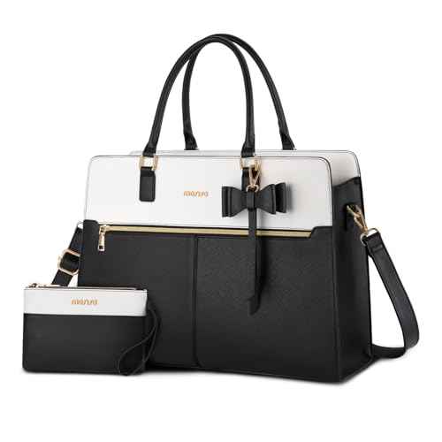 MOSISO Laptop Tote Bag for Women, 15.6 inch Waterproof PU Leather Work Bag with Clutch Purse & Bowknot, Large Capacity Handbag Shoulder Computer Bags Work Briefcase for Business Teacher Office, Black