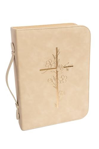 LANDORA & LEAF Beige Gold Cross Bible Cover for Women - Large PU Leather Christian Book Case