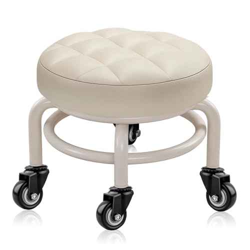 Round Rolling Low Stool- PU Leather Low Stool 360¡Æ More Comfortable Swivel with Thickened Sponge Cushion for Nail Salon, Pedicure, SPA and Home (White Upgrade Edition)