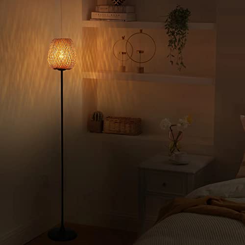 Bamboo Rattan Floor Lamp for Living Room, Boho Ambient Light Contemporary Plug in Cord Switch Standing Lamp Wicker Japanese Style E26 Lights for Bedrooms Living Room(Excluded Bulb)