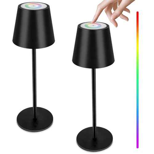 Energetic RGBW Cordless Table Lamp, LED Touch Desk Lamp Battery Powered, Dimmable, Type-C Charger, 3000K, for Restaurant/Bedroom/Bars/Party/Camping, Outdoor & Indoor, Water Resistance, Metal, 2 Pack