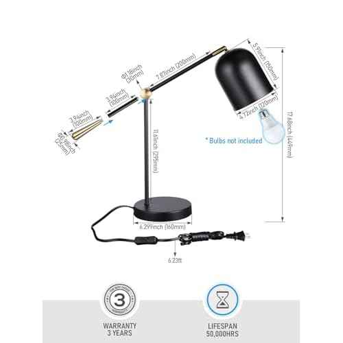 TORCHSTAR Adjustable Desk Lamp Aesthetic, AC 110-120V, Swing Arm Task Desk Lamp, Max 60W, E26 Base, Bulb Not Included, Metal Decor Desktop Lamp with On/Off Switch, for Work, Study, Home Office, Black