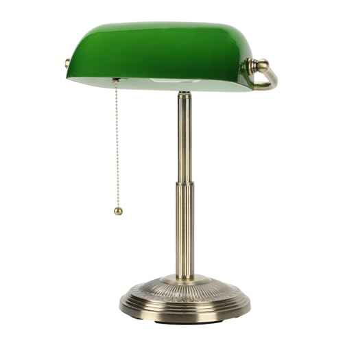 LINNMON Bankers Desk Lamp, Green Retro Lamp, Vintage Lamp with Pull Chain Switch for Home Office (Brass+Green)