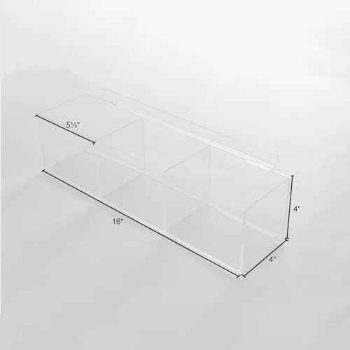 CiaoHER Slatwall Acrylic Retail Tray Rectangular Clear Dump Bin Merchandise Storage Organizer Caddy for Slatwall Displays, 16"x4"x4" (3 compartments)