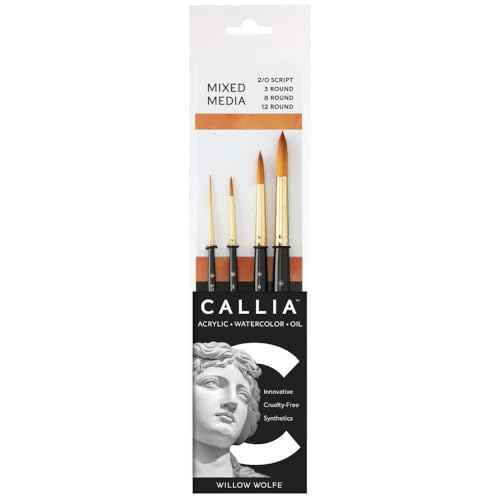 Willow Wolfe CALLIA¢â Series 1200 Watercolour Basic Brush Set #200, 4-Piece Vegan Synthetic Mixed-Media Set (Script Liner 2/0, Rounds 3, 8, 12) for Acrylic, Oil & Watercolor