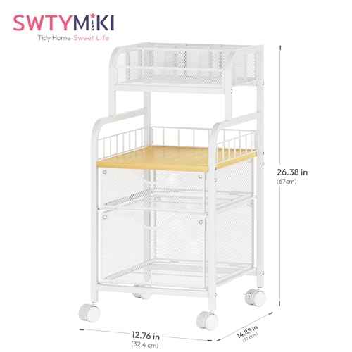SWTYMIKI Rolling Cart with Drawers - Metal Utility Cart with Wood Shelf, DIY Divider and Locking Wheels, Craft & Art Cart Organizer for Under Desk Storage for Home Office Studio, White