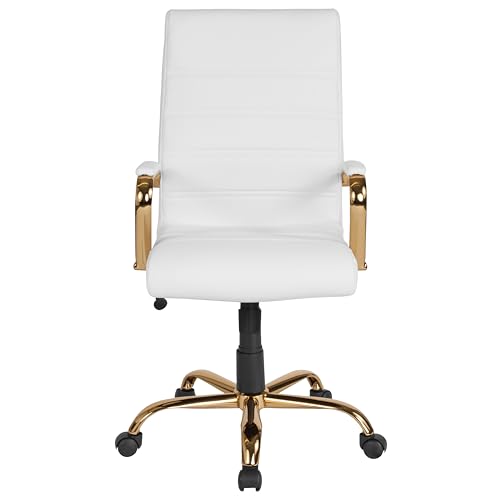 Flash Furniture Whitney Mid-Back Swivel LeatherSoft Desk Chair with Padded Seat and Armrests, Adjustable Height Padded Office Chair, 27"D x 26"W x 43"H, White/Gold