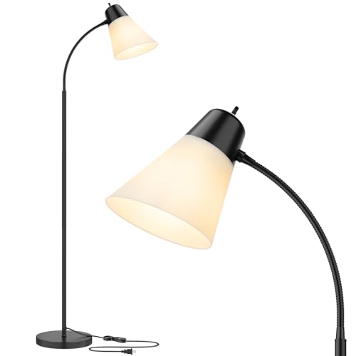 Floor Lamp for Living Room, Adjustable Gooseneck Standing Lamp with White Plastic Shade, Black Reading Floor Lamps for Dorm, Bulb not Included