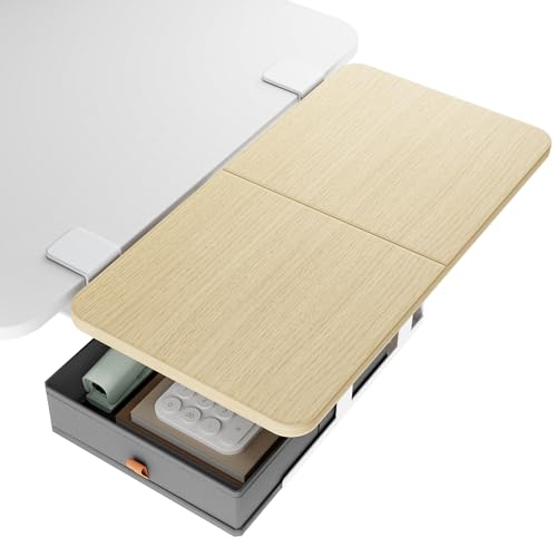 Desk Extender Tray, 24" x 12" Clamp On Desk Shelf, Desk Extension with Storage Drawer, Table Desk Arm Rest, Clamp On Keyboard Tray for Office and Home, Workstation Organizer, Medium, Wood