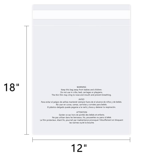 100 Pack 12x18 Inch Clear Poly Bags with Resealable & Safety Warning – Food Grade, Self Sealing, Reusable Packaging